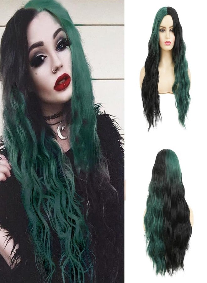 Swiking Green and Black Long Wigs for Women Curly Wave Natural Ombre Green Synthetic Fibre Soft Hair Wigs for Party Cosplay Halloween - Image 1
